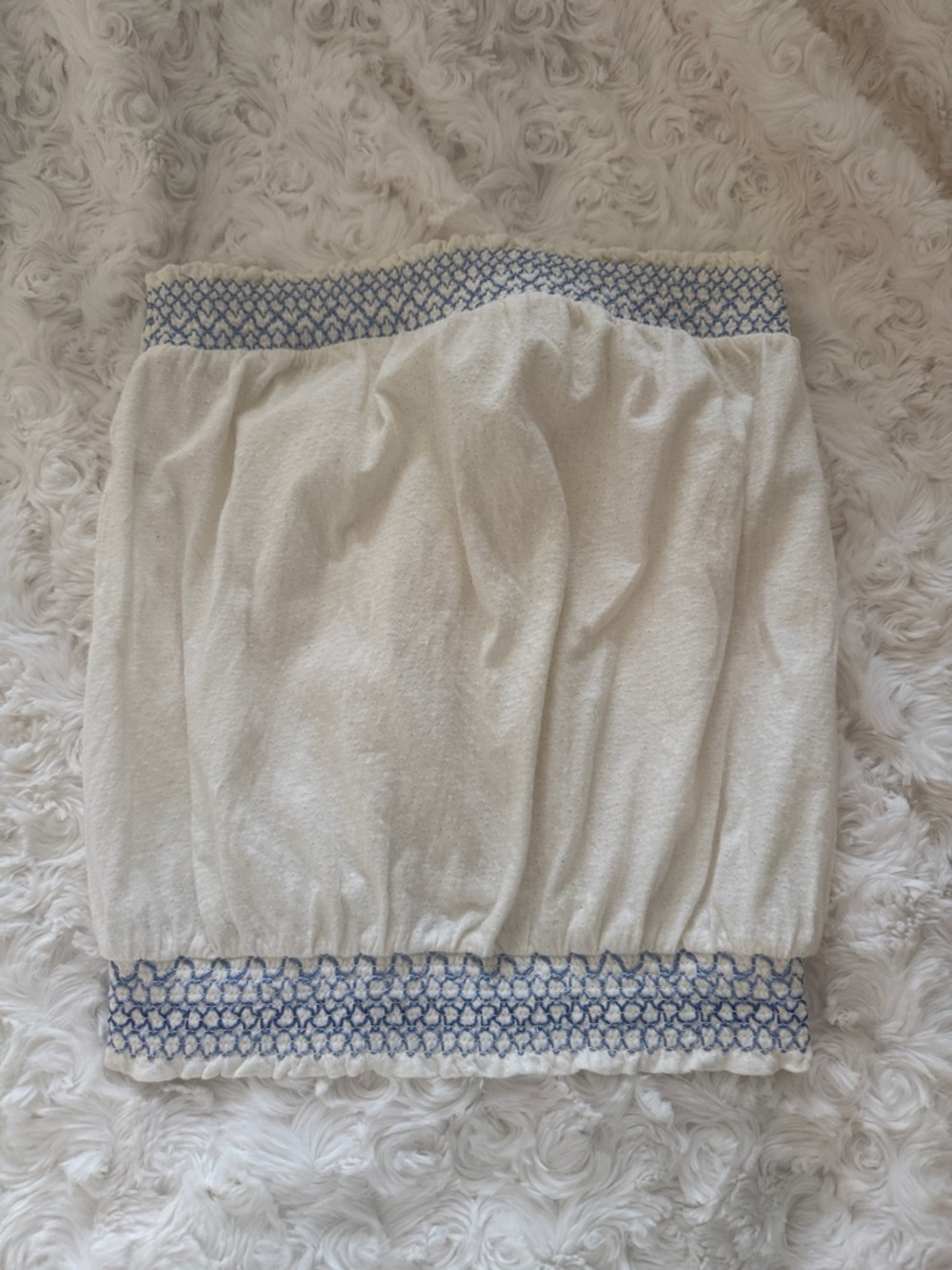 Anthropologie White Tube Top Shirt  with Blue Smocked Trim